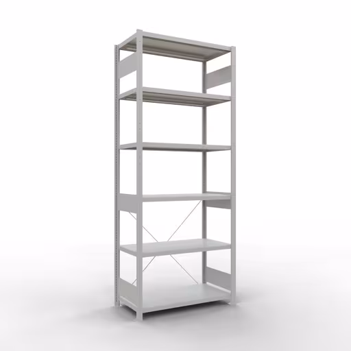 Grundregal, Fachbodenregal Stecksystem MULTIplus330, 2500 x 1000 x 500 mm (HxBxT), 6 Fachböden, Kreuzstrebe, RAL 7035 lichtgrau aus der Kategorie Grundregal mit der Artikelnummer 33851
