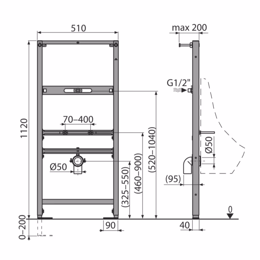 Montagerahmen für Urinal Ausführung Einbauhöhe: 1200mm,Zubehör mit der GTIN 8595580552725 A107/1120 Urinal Montageelement für Urinal mit Druckspüler von AlcaPlast mit der Artikelnr. A10712