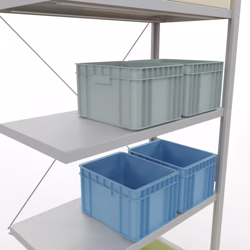 Produktbild Nr.15 des Artikels Anbauregal, Fachbodenregal Stecksystem MULTIplus250, 3000 x 1000 x 500 mm (HxBxT), 7 Fachböden, Kreuzstrebe, RAL 7035 lichtgrau aus der Produktreihe Stecksystem von der Marke Schulte Lagertechnik