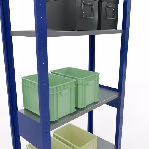 Zusatzbild des Artikels Grundregal, Fachbodenregal Stecksystem MULTIplus150, 2500 x 750 x 300 mm (HxBxT), 6 Fachböden, Längenriegel, RAL 5010 enzianblau/verzinkt/verzinkt aus Grundregal