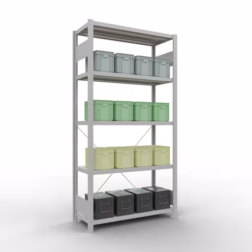 Grundregal, Fachbodenregal Stecksystem MULTIplus250, 2000 x 1000 x 400 mm (HxBxT), 5 Fachböden, Kreuzstrebe, RAL 7035 lichtgrau von Schulte Lagertechnik mit der Artikelnr. 32840