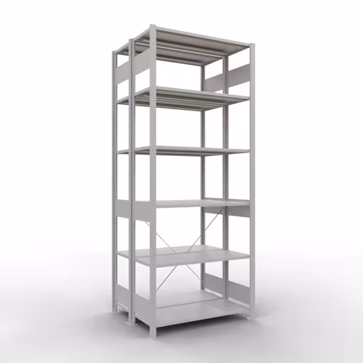 Grundregal, Doppelregal, Fachbodenregal Stecksystem MULTIplus150, 2500 x 1000 x (2x400) mm (HxBxT), 2x6 Fachböden, Kreuzstrebe, RAL 7035 lichtgrau aus der Kategorie Doppelregale mit der Artikelnummer 32741