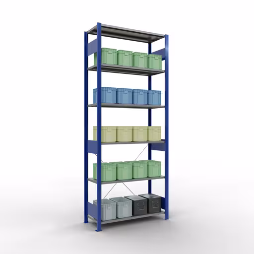 Abbildung Nr 13 des Artikels Grundregal, Fachbodenregal Stecksystem MULTIplus85, 2500 x 1000 x 400 mm (HxBxT), 6 Fachböden, Kreuzstrebe, RAL 5010 enzianblau aus der Produktgruppe Stecksystem von der Marke Schulte Lagertechnik
