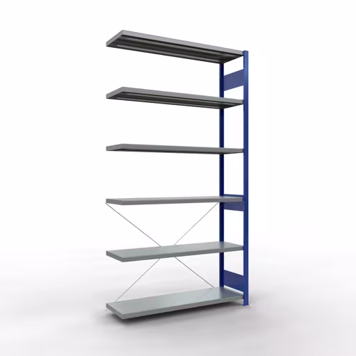 Anbauregal, Fachbodenregal Stecksystem MULTIplus250, 2500 x 1300 x 400 mm (HxBxT), 6 Fachböden, Kreuzstrebe, RAL 5010 enzianblau/verzinkt aus der Kategorie Anbauregal mit der Artikelnummer 12946-130-B