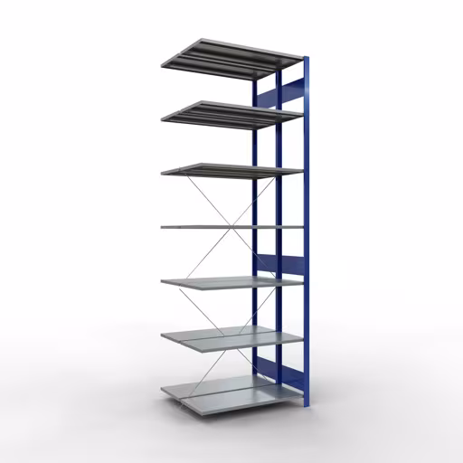 Anbauregal, Doppelregal, Fachbodenregal Stecksystem MULTIplus150, 3000 x 1000 x (2x800) mm (HxBxT), 2x7 Fachböden, Kreuzstrebe, RAL 5010 enzianblau aus der Kategorie Doppelregale mit der Artikelnummer 32747-B