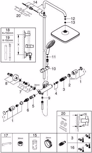 Technische Zeichnung 4037133 GROHE Duschsystem Tempesta 250 Cube 26689_1 Brause-Thermostatbatterie Kopfbrause Tempesta 250 Cube chrom