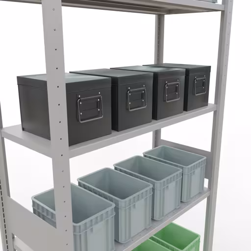 Abbildung Nr 14 des Artikels Grundregal, Fachbodenregal Stecksystem MULTIplus85, 3000 x 1000 x 400 mm (HxBxT), 7 Fachböden, Längenriegel, RAL 7035 lichtgrau aus der Produktgruppe Stecksystem von der Marke Schulte Lagertechnik