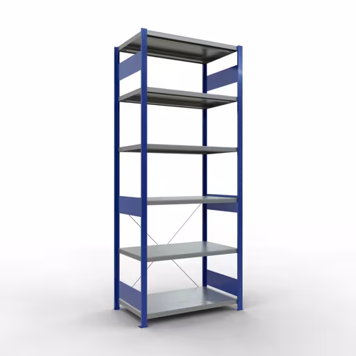 Grundregal, Fachbodenregal Stecksystem MULTIplus250, 2500 x 1000 x 600 mm (HxBxT), 6 Fachböden, Kreuzstrebe, RAL 5010 enzianblau/verzinkt aus der Kategorie Grundregal mit der Artikelnummer 12961-B