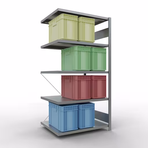 Andere Ansicht des Artikels Anbauregal, Fachbodenregal Stecksystem MULTIplus250, 2000 x 1000 x 800 mm (HxBxT), 5 Fachböden, Kreuzstrebe, verzinkt aus der Kategorie Stecksystem