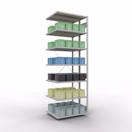 Zusatzbild des Artikels Anbauregal, Doppelregal, Fachbodenregal Stecksystem MULTIplus250, 3000 x 1000 x (2x400) mm (HxBxT), 2x7 Fachböden, Kreuzstrebe, RAL 7035 lichtgrau aus Doppelregale