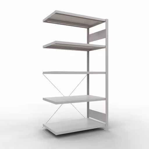 Anbauregal, Fachbodenregal Stecksystem MULTIplus330, 2000 x 1000 x 600 mm (HxBxT), 5 Fachböden, Kreuzstrebe, RAL 7035 lichtgrau aus der Kategorie Anbauregal mit der Artikelnummer 33865