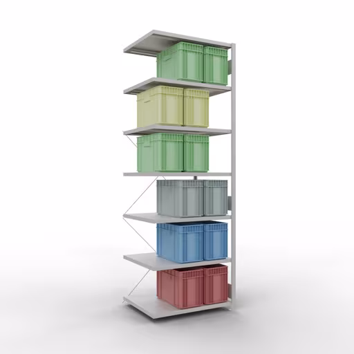 Anbauregal, Fachbodenregal Stecksystem MULTIplus250, 3000 x 1000 x 800 mm (HxBxT), 7 Fachböden, Kreuzstrebe, RAL 7035 lichtgrau von Schulte Lagertechnik mit der Artikelnr. 32887