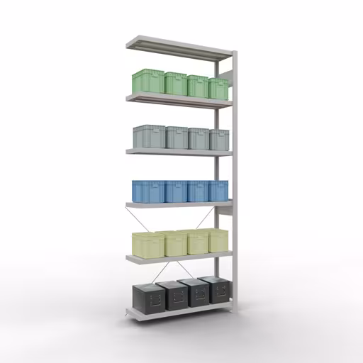 Anbauregal, Fachbodenregal Stecksystem MULTIplus250, 2500 x 1000 x 300 mm (HxBxT), 6 Fachböden, Kreuzstrebe, RAL 7035 lichtgrau von Schulte Lagertechnik aus der Kategorie Stecksystem