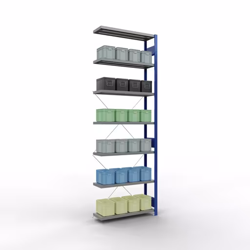 Abbildung Nr 12 des Artikels Anbauregal, Fachbodenregal Stecksystem MULTIplus330, 3000 x 1000 x 300 mm (HxBxT), 7 Fachböden, Kreuzstrebe, RAL 5010 enzianblau/verzinkt aus der Produktgruppe Stecksystem von der Marke Schulte Lagertechnik