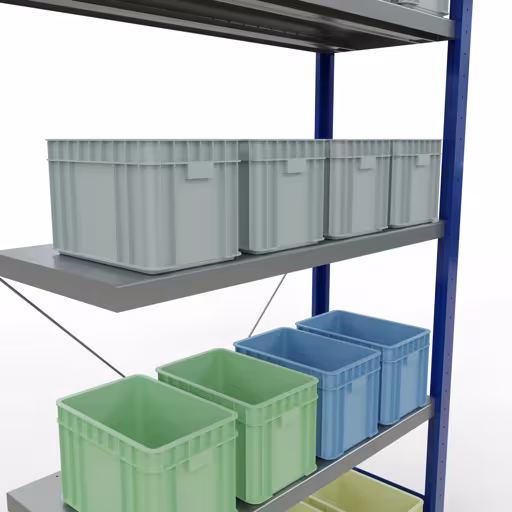 Produktbild Nr.12 des Artikels Anbauregal, Fachbodenregal Stecksystem MULTIplus250, 2000 x 1000 x 400 mm (HxBxT), 5 Fachböden, Kreuzstrebe, RAL 5010 enzianblau/verzinkt aus der Produktreihe Stecksystem von der Marke Schulte Lagertechnik