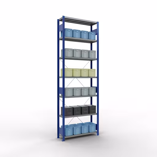 Produktbild Nr.6 des Artikels Grundregal, Fachbodenregal Stecksystem MULTIplus250, 3000 x 1000 x 300 mm (HxBxT), 7 Fachböden, Kreuzstrebe, RAL 5010 enzianblau/verzinkt aus der Produktreihe Stecksystem von der Marke Schulte Lagertechnik