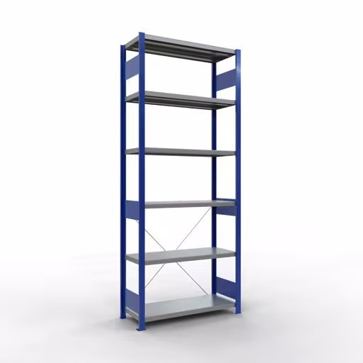 Grundregal, Fachbodenregal Stecksystem MULTIplus330, 2500 x 1000 x 400 mm (HxBxT), 6 Fachböden, Kreuzstrebe, RAL 5010 enzianblau/verzinkt aus der Kategorie Grundregal mit der Artikelnummer 13941-B