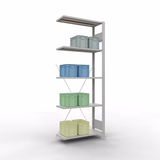 Produktbild Nr.15 des Artikels Anbauregal, Fachbodenregal Stecksystem MULTIplus150, 2000 x 750 x 300 mm (HxBxT), 5 Fachböden, Kreuzstrebe, RAL 7035 lichtgrau aus der Produktreihe Stecksystem von der Marke Schulte Lagertechnik