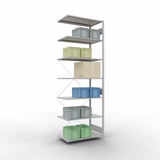 Abbildung Nr 15 des Artikels Anbauregal, Fachbodenregal Stecksystem MULTIplus150, 3000 x 1000 x 600 mm (HxBxT), 7 Fachböden, Kreuzstrebe, RAL 7035 lichtgrau aus der Produktgruppe Stecksystem von der Marke Schulte Lagertechnik