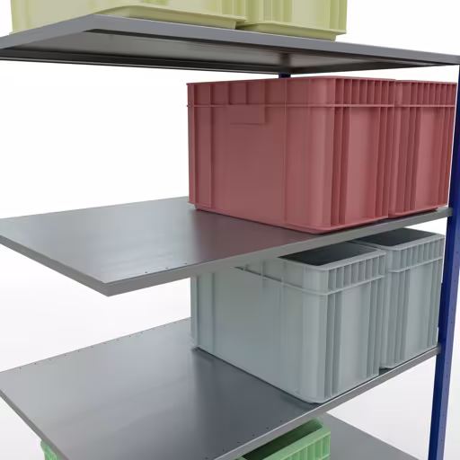Produktbild Nr.7 des Artikels Anbauregal, Fachbodenregal Stecksystem MULTIplus150, 3000 x 1300 x 800 mm (HxBxT), 7 Fachböden, Längenriegel, RAL 5010 enzianblau/verzinkt aus der Produktreihe Stecksystem von der Marke Schulte Lagertechnik