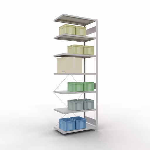 Abbildung Nr 10 des Artikels Anbauregal, Fachbodenregal Stecksystem MULTIplus330, 3000 x 1000 x 600 mm (HxBxT), 7 Fachböden, Kreuzstrebe, RAL 7035 lichtgrau aus der Produktgruppe Stecksystem von der Marke Schulte Lagertechnik