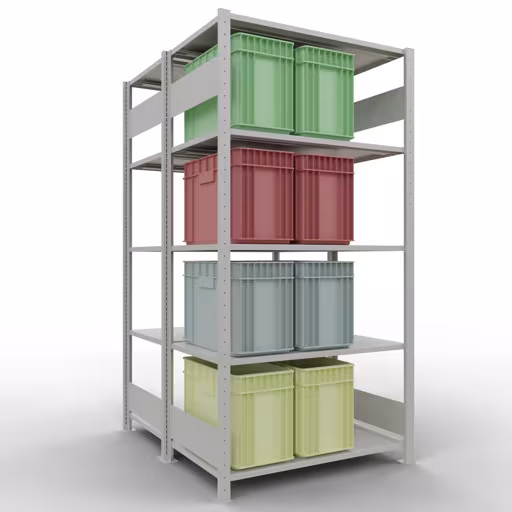 Grundregal, Doppelregal, Fachbodenregal Stecksystem MULTIplus150, 2000 x 1000 x (2x600) mm (HxBxT), 2x5 Fachböden, Längenriegel, RAL 7035 lichtgrau mit der GTIN 4004514269997 Grundregal, Doppelregal, Fachbodenregal Stecksystem MULTIplus150, 2000 x 1000 x (2x600) mm (HxBxT), 2x5 Fachböden, Längenriegel, RAL 7035 lichtgrau von Schulte Lagertechnik mit der Artikelnr. 33160