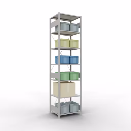 Zusatzbild des Artikels Grundregal, Fachbodenregal Stecksystem MULTIplus150, 3000 x 750 x 600 mm (HxBxT), 7 Fachböden, Kreuzstrebe, RAL 7035 lichtgrau aus Grundregal