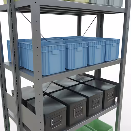 Produktbild Nr.7 des Artikels Grundregal, Doppelregal, Fachbodenregal Stecksystem MULTIplus250, 3000 x 1000 x (2x300) mm (HxBxT), 2x7 Fachböden, Kreuzstrebe, verzinkt aus der Produktreihe Fachbodenregale von der Marke Schulte Lagertechnik
