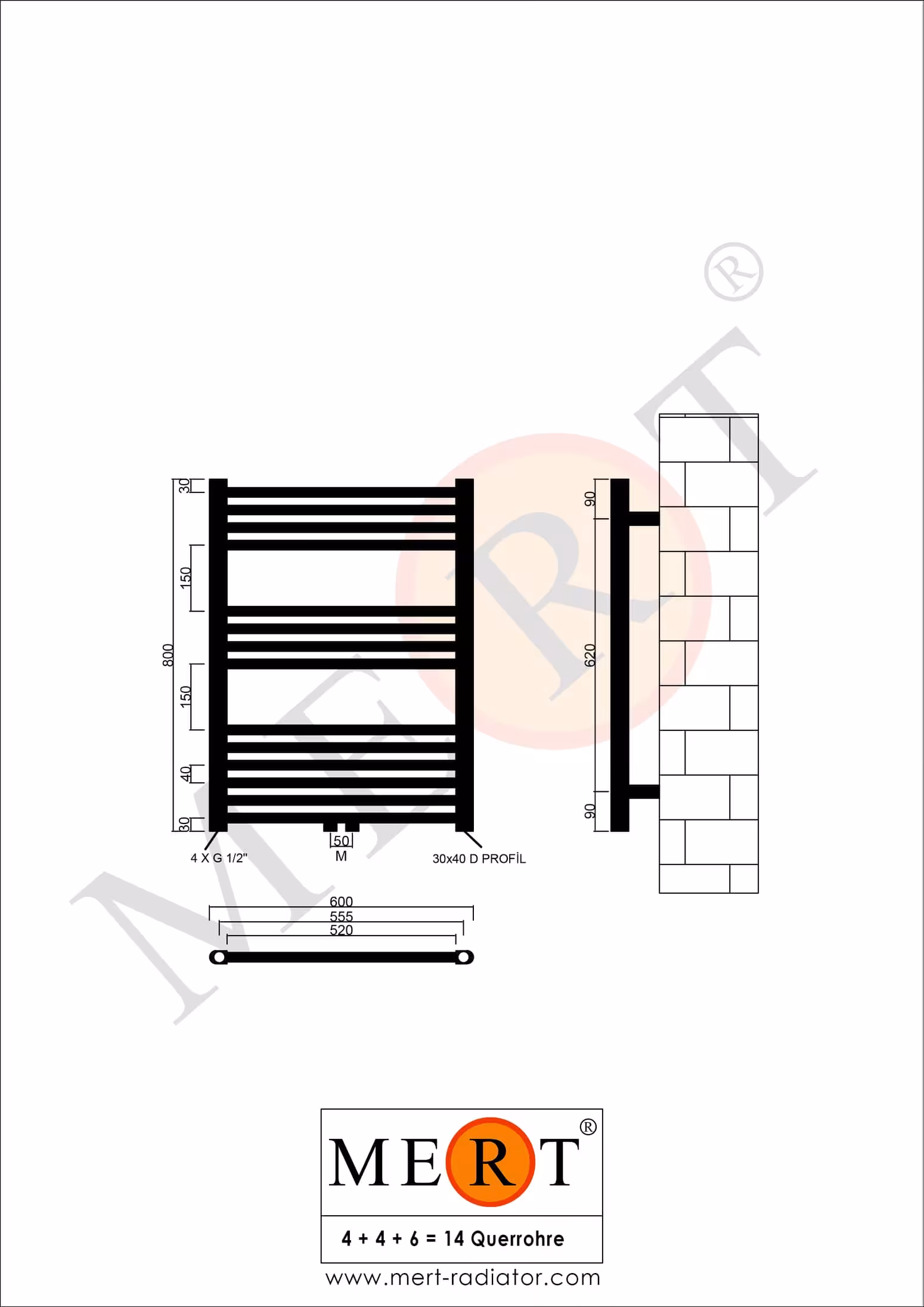 MERT Badheizkörper Chrom gerade, 600*800 mm, Mittelanschluss von der Marke MERT aus der Kategorie Heizkörper