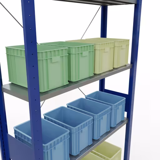 Zusatzbild des Artikels Grundregal, Fachbodenregal Stecksystem MULTIplus150, 3000 x 1000 x 300 mm (HxBxT), 7 Fachböden, Kreuzstrebe, RAL 5010/verzinkt Zusatzbild des Artikels Grundregal, Fachbodenregal Stecksystem MULTIplus150, 3000 x 1000 x 300 mm (HxBxT), 7 Fachböden, Kreuzstrebe, RAL 5010/verzinkt aus Grundregal