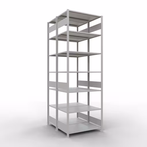Grundregal, Doppelregal, Fachbodenregal Stecksystem MULTIplus150, 3000 x 1000 x (2x600) mm (HxBxT), 2x7 Fachböden, Längenriegel, RAL 7035 lichtgrau aus der Kategorie Doppelregale mit der Artikelnummer 33162