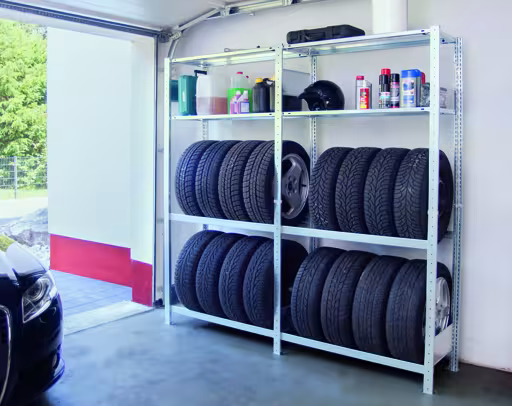 Abbildung Nr 10 des Artikels Grundregal, Garagenregal-Set MULTIplus150, 2000 x 1000 x 400 mm (HxBxT), verzinkt, 2 Fachböden, 2 Reifenebenen á 150 kg Fachlast pro Ebene aus der Produktgruppe Fachbodenregale von der Marke Schulte Lagertechnik