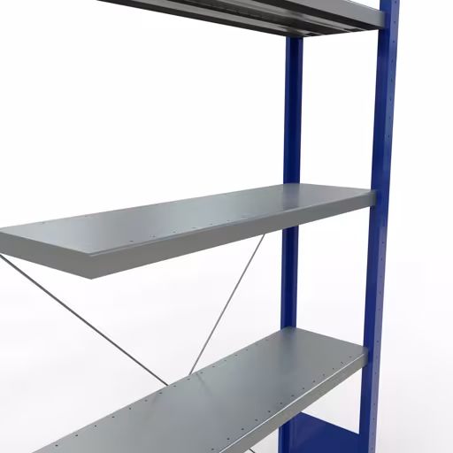 Zusatzbild des Artikels Anbauregal, Fachbodenregal Stecksystem MULTIplus250, 2000 x 1000 x 300 mm (HxBxT), 5 Fachböden, Kreuzstrebe, RAL 5010 enzianblau/verzinkt aus Anbauregal