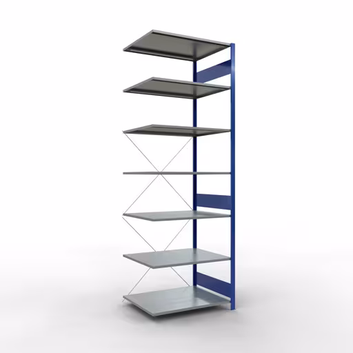 Anbauregal, Fachbodenregal Stecksystem MULTIplus150, 3000 x 1000 x 800 mm (HxBxT), 7 Fachböden, Kreuzstrebe, RAL 5010/verzinkt aus der Kategorie Anbauregal mit der Artikelnummer 12587-B
