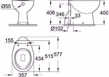 Technische Zeichnung 4069445 GROHE Stand-Tiefspül-WC Bau Keramik 39431 spülrandlos Abgang senkrecht alpinweiß