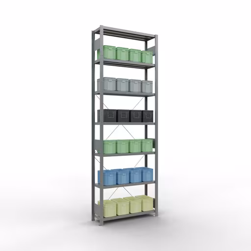 Grundregal, Fachbodenregal Stecksystem MULTIplus250, 3000 x 1000 x 300 mm (HxBxT), 7 Fachböden, Kreuzstrebe, verzinkt aus der Kategorie Grundregal mit der GTIN 4004514202918 Grundregal, Fachbodenregal Stecksystem MULTIplus250, 3000 x 1000 x 300 mm (HxBxT), 7 Fachböden, Kreuzstrebe, verzinkt von der Marke Schulte Lagertechnik aus der Produktreihe Stecksystem