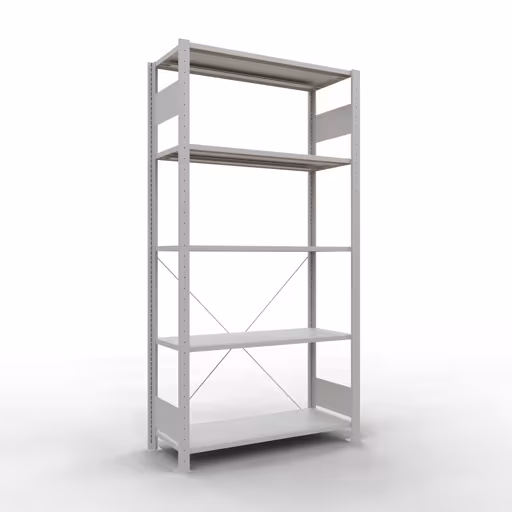 Grundregal, Fachbodenregal Stecksystem MULTIplus150, 2000 x 1000 x 400 mm (HxBxT), 5 Fachböden, Kreuzstrebe, RAL 7035 lichtgrau aus der Kategorie Grundregal mit der Artikelnummer 32640