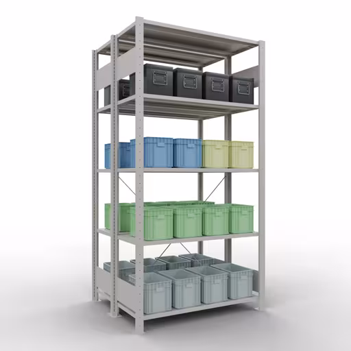 Andere Ansicht des Artikels Grundregal, Doppelregal, Fachbodenregal Stecksystem MULTIplus150, 2000 x 1000 x (2x400) mm (HxBxT), 2x5 Fachböden, Kreuzstrebe, RAL 7035 lichtgrau aus der Kategorie Fachbodenregale