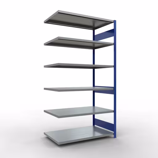 Anbauregal, Fachbodenregal Stecksystem MULTIplus250, 2500 x 1300 x 800 mm (HxBxT), 6 Fachböden, Längenriegel, RAL 5010 enzianblau/verzinkt aus der Kategorie Anbauregal mit der Artikelnummer 12986-130-LR-B