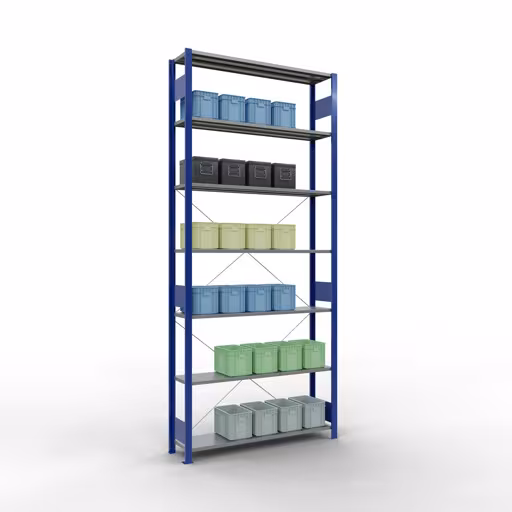 Grundregal, Fachbodenregal Stecksystem MULTIplus150, 3000 x 1300 x 300 mm (HxBxT), 7 Fachböden, Kreuzstrebe, RAL 5010 enzianblau/verzinkt von Schulte Lagertechnik mit der Artikelnr. 12732-130-B