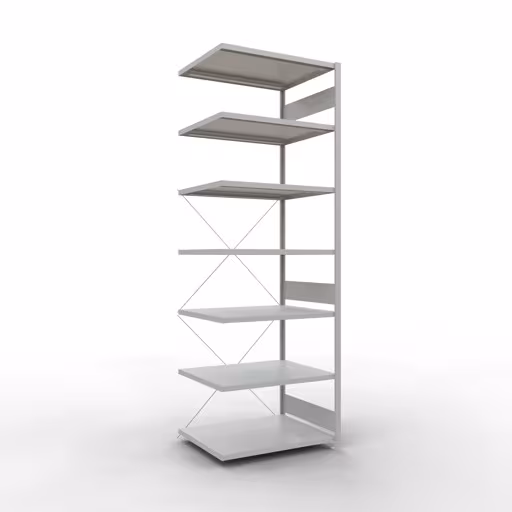 Anbauregal, Fachbodenregal Stecksystem MULTIplus250, 3000 x 1000 x 800 mm (HxBxT), 7 Fachböden, Kreuzstrebe, RAL 7035 lichtgrau aus der Kategorie Anbauregal mit der Artikelnummer 32887