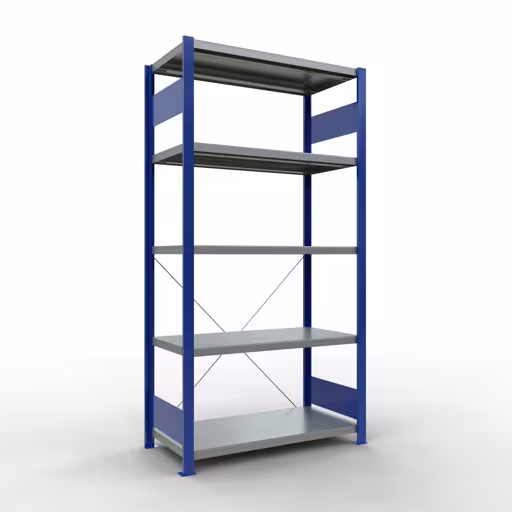 Grundregal, Fachbodenregal Stecksystem MULTIplus330, 2000 x 1000 x 500 mm (HxBxT), 5 Fachböden, Kreuzstrebe, RAL 5010 enzianblau/verzinkt aus der Kategorie Grundregal mit der Artikelnummer 13950-B