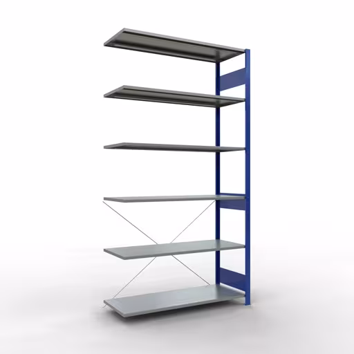Anbauregal, Fachbodenregal Stecksystem MULTIplus150, 2500 x 1300 x 500 mm (HxBxT), 6 Fachböden, Kreuzstrebe, RAL 5010 enzianblau/verzinkt aus der Kategorie Anbauregal mit der Artikelnummer 12756-130-B
