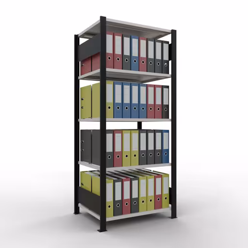 Produktbild Nr 14 des Artikels Grundregal, Büro-Fachbodenregal Stecksystem MULTIplus150, 1800 x 750 x 600 mm (HxBxT), 5 Fachböden, Längenriegel, mit Mittelanschlag, schwarz/lichtgrau Abbildung Nr 14 des Artikels Grundregal, Büro-Fachbodenregal Stecksystem MULTIplus150, 1800 x 750 x 600 mm (HxBxT), 5 Fachböden, Längenriegel, mit Mittelanschlag, schwarz/lichtgrau aus der Produktgruppe Büroregale von der Marke Schulte Lagertechnik