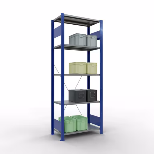 Grundregal, Fachbodenregal Stecksystem MULTIplus150, 2000 x 750 x 400 mm (HxBxT), 5 Fachböden, Kreuzstrebe, RAL 5010 enzianblau/verzinkt/verzinkt mit der Artikelnr. 12740-75-B Grundregal, Fachbodenregal Stecksystem MULTIplus150, 2000 x 750 x 400 mm (HxBxT), 5 Fachböden, Kreuzstrebe, RAL 5010 enzianblau/verzinkt/verzinkt von Schulte Lagertechnik aus der Kategorie Stecksystem