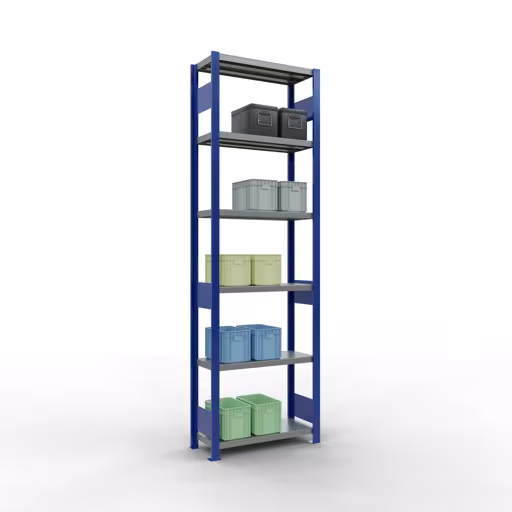 Grundregal, Fachbodenregal Stecksystem MULTIplus250, 2500 x 750 x 300 mm (HxBxT), 6 Fachböden, Längenriegel, RAL 5010 enzianblau/verzinkt/verzinkt von der Marke Schulte Lagertechnik aus der Produktreihe Stecksystem