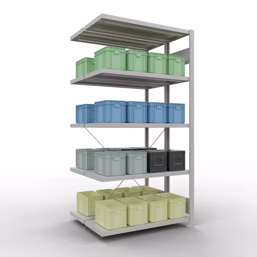 Andere Ansicht des Artikels Anbauregal, Doppelregal, Fachbodenregal Stecksystem MULTIplus250, 2000 x 1000 x (2x400) mm (HxBxT), 2x5 Fachböden, Kreuzstrebe, RAL 7035 lichtgrau aus der Kategorie Fachbodenregale