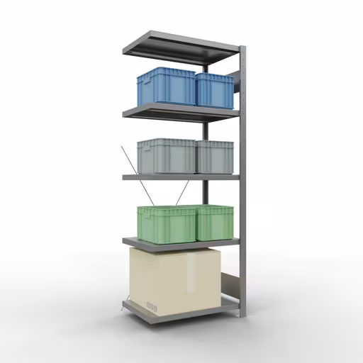 Produktbild Nr 13 des Artikels Anbauregal, Fachbodenregal Stecksystem MULTIplus250, 2000 x 750 x 500 mm (HxBxT), 5 Fachböden, Kreuzstrebe, verzinkt Abbildung Nr 13 des Artikels Anbauregal, Fachbodenregal Stecksystem MULTIplus250, 2000 x 750 x 500 mm (HxBxT), 5 Fachböden, Kreuzstrebe, verzinkt aus der Produktgruppe Stecksystem von der Marke Schulte Lagertechnik