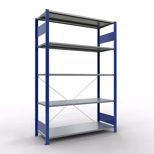 Grundregal, Fachbodenregal Stecksystem MULTIplus150, 2000 x 1300 x 500 mm (HxBxT), 5 Fachböden, Kreuzstrebe, RAL 5010 enzianblau/verzinkt aus der Kategorie Grundregal mit der Artikelnummer 12750-130-B