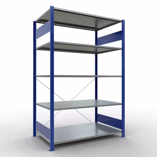 Grundregal, Fachbodenregal Stecksystem MULTIplus150, 2000 x 1300 x 800 mm (HxBxT), 5 Fachböden, Kreuzstrebe, RAL 5010 enzianblau/verzinkt aus der Kategorie Grundregal mit der Artikelnummer 12780-130-B